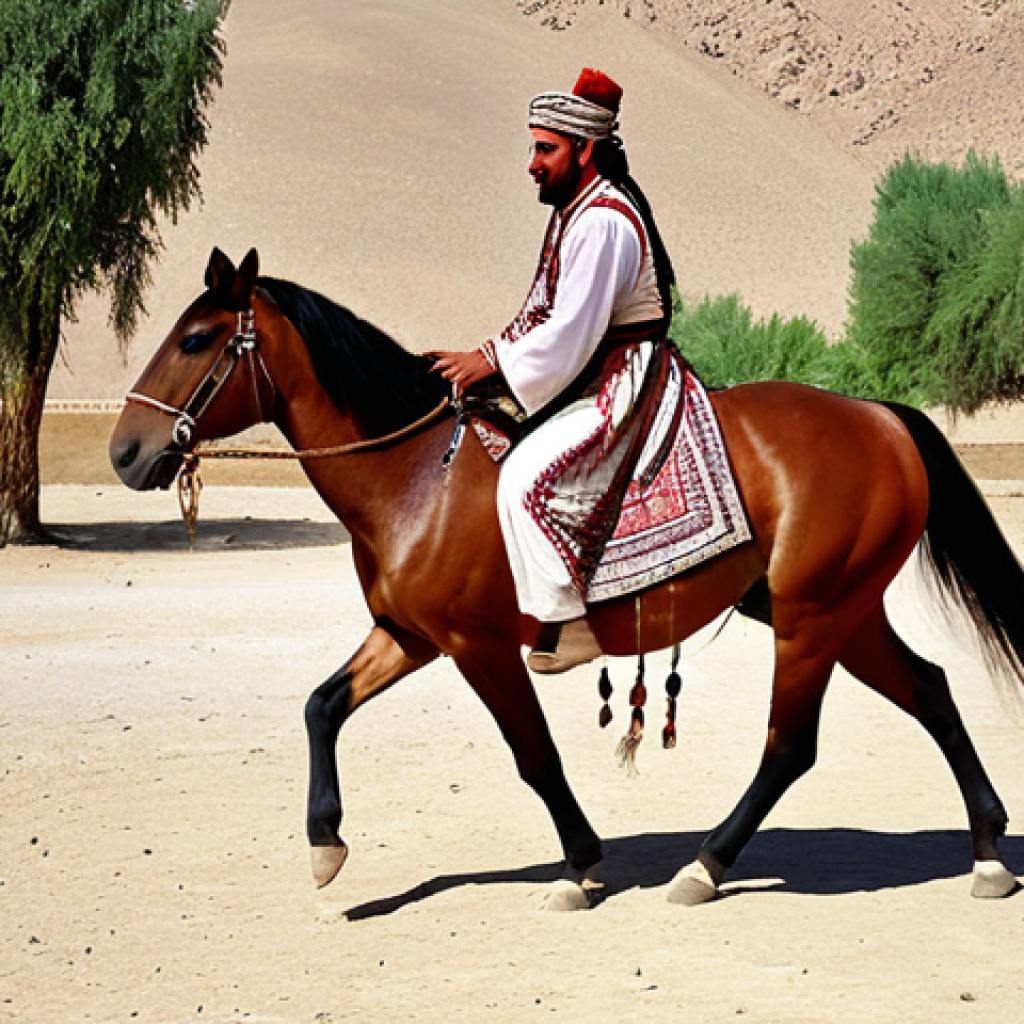 **A Turkmen dancer in traditional Achal-Tekke attire, gracefully moving like a horse, with a Dutar player in the background.** This image should emphasize the connection to horses and the elegant movements characteristic of the Achal-Tekke region.