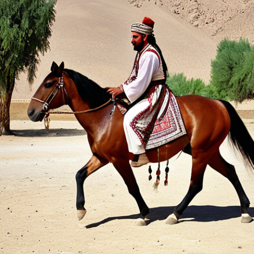 Home 15 **A Turkmen dancer in traditional Achal-Tekke attire, gracefully moving like a horse, with a Dutar player in the background.** This image should emphasize the connection to horses and the elegant movements characteristic of the Achal-Tekke region.