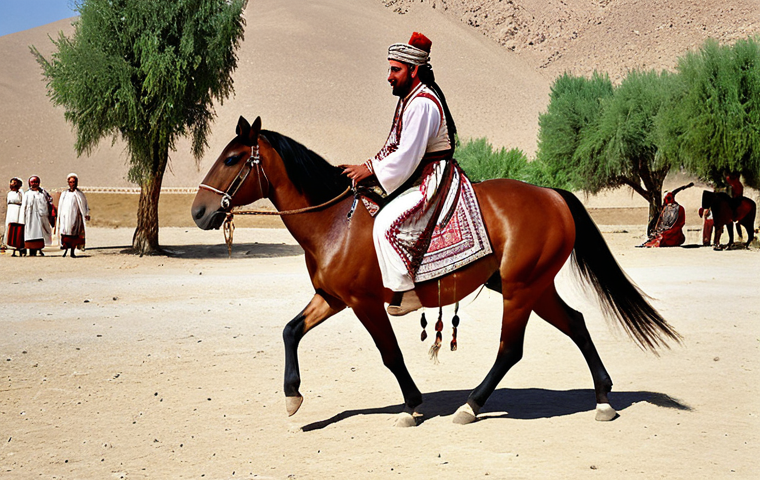 **A Turkmen dancer in traditional Achal-Tekke attire, gracefully moving like a horse, with a Dutar player in the background.** This image should emphasize the connection to horses and the elegant movements characteristic of the Achal-Tekke region.