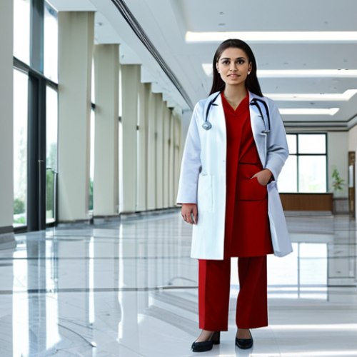 Home 14 A professional female doctor in a modest, clean lab coat over professional attire, standing in a pristine, modern hospital lobby in Ashgabat. The lobby features polished marble floors, sleek contemporary design, soft ambient lighting, and large windows. The overall atmosphere is bright, professional, and sophisticated.