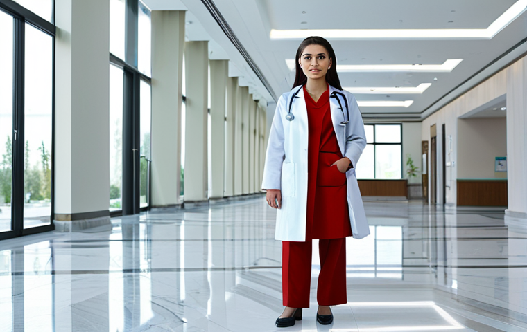 A professional female doctor in a modest, clean lab coat over professional attire, standing in a pristine, modern hospital lobby in Ashgabat. The lobby features polished marble floors, sleek contemporary design, soft ambient lighting, and large windows. The overall atmosphere is bright, professional, and sophisticated.