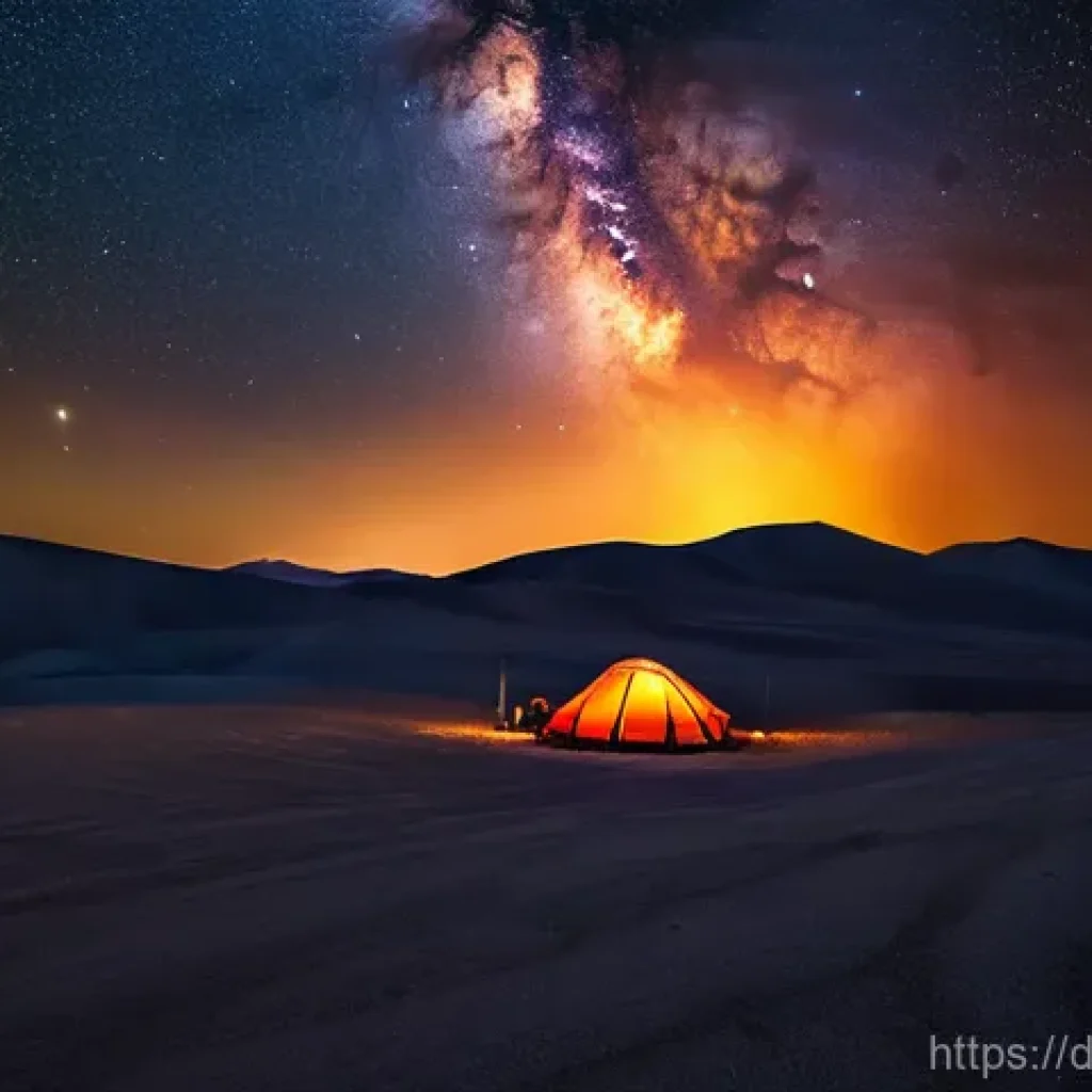 투르크메니스탄의 명소 여행기 - **Darvaza Gas Crater at Night with Desert Camp**
    A wide shot capturing the surreal and majestic ...