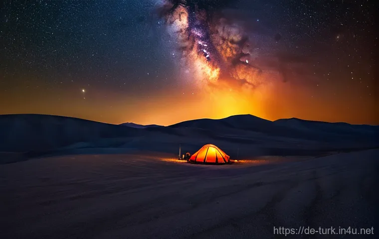 투르크메니스탄의 명소 여행기 - **Darvaza Gas Crater at Night with Desert Camp**
    A wide shot capturing the surreal and majestic ...