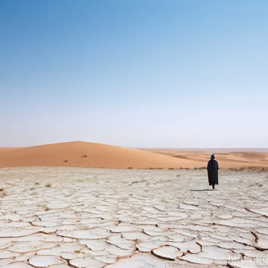 투르크메니스탄의 기후 변화 - **Prompt:** A wide, dramatic shot of the vast Karakum Desert under an intensely clear, bright blue s...