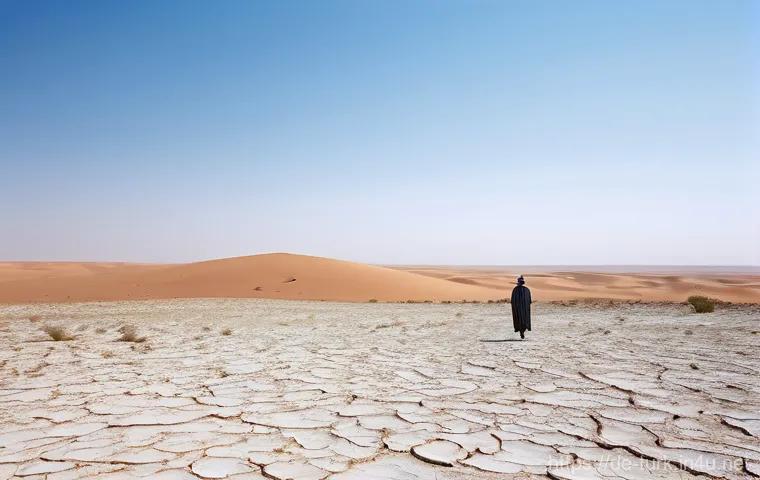 투르크메니스탄의 기후 변화 - **Prompt:** A wide, dramatic shot of the vast Karakum Desert under an intensely clear, bright blue s...