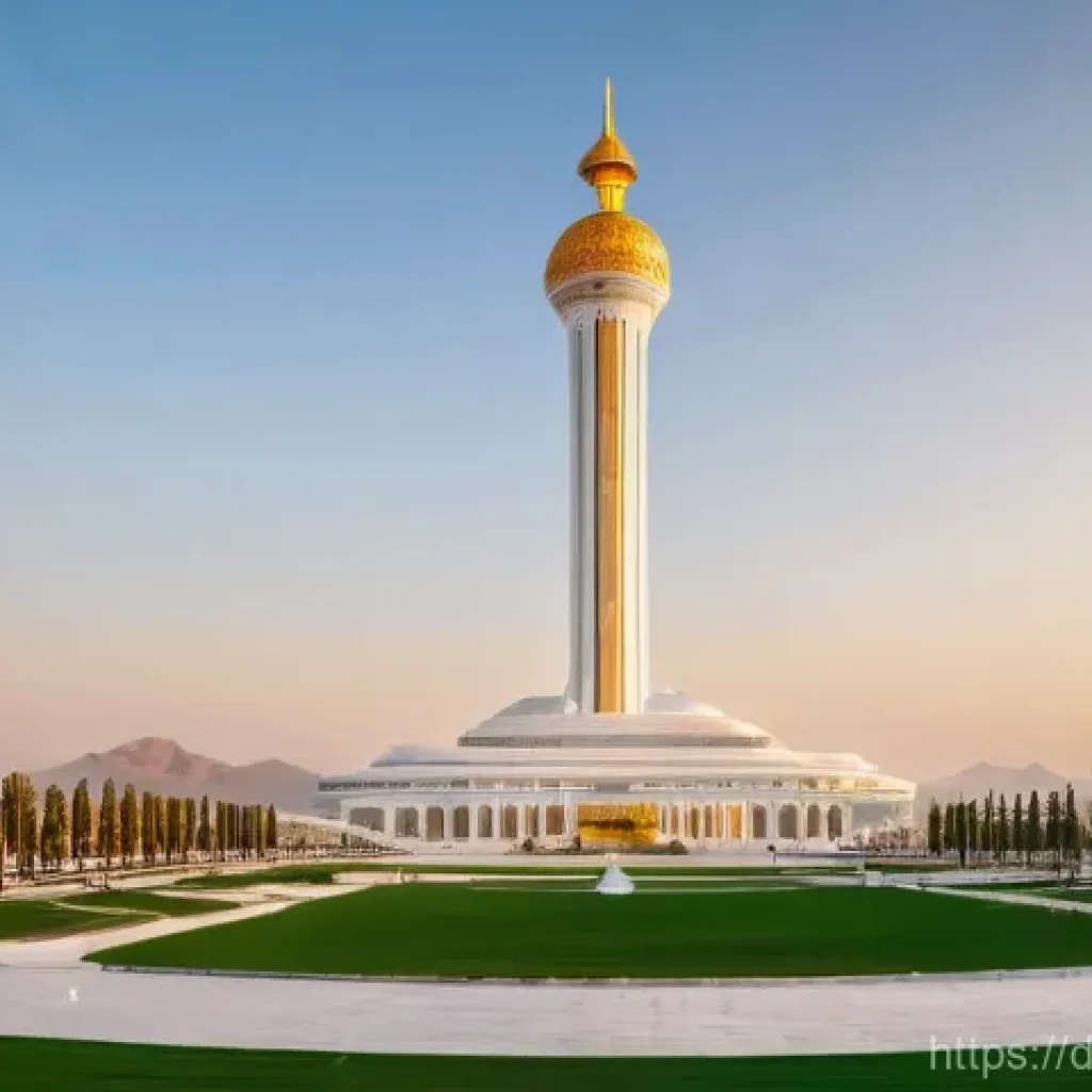 투르크메니스탄 건축 스타일 - **Ashgabat's White Marble Grandeur at Sunset:**
    "A breathtaking panoramic view of Ashgabat at su...