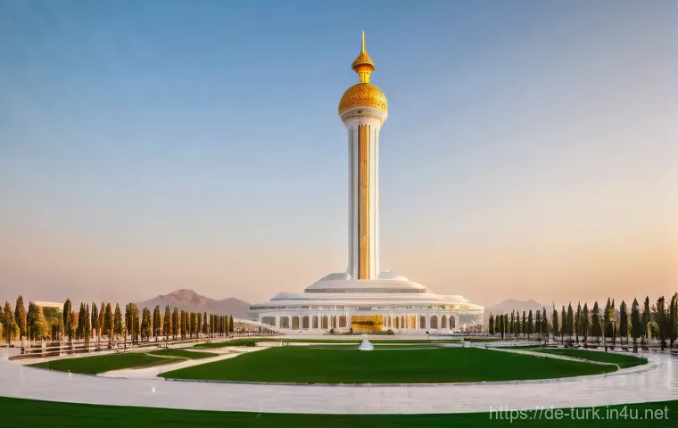투르크메니스탄 건축 스타일 - **Ashgabat's White Marble Grandeur at Sunset:**
    "A breathtaking panoramic view of Ashgabat at su...