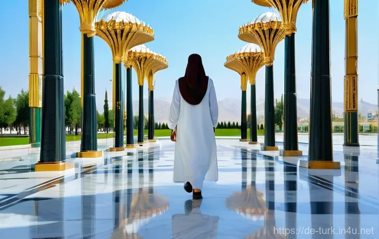 투르크메니스탄 대중교통 정보 - **Prompt 1: Strolling the White Marble Streets of Ashgabat**

    "A wide-angle shot capturing a sun...