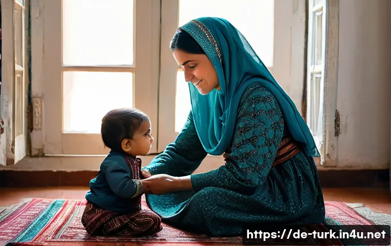 투르크메니스탄 종교와 신앙 - **Turkmen Family and Daily Faith**: A warm, intimate scene inside a traditional Turkmen home. An eld...