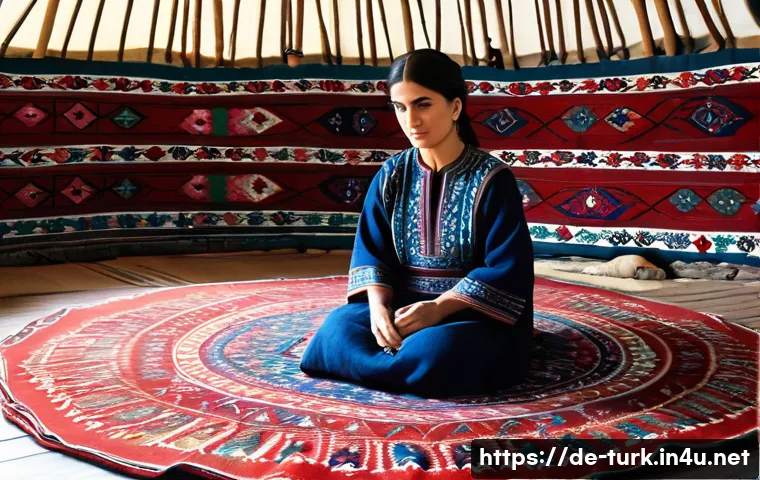 투르크메니스탄 민족성 - **A Turkmen artisan meticulously weaving a vibrant, intricately patterned carpet.** The scene is set...