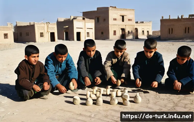 투르크메니스탄의 전통 놀이 - **Turkmen Aşyk Game in a Sunny Village Square**
    A group of Turkmen boys, aged between 8 and 14, ...