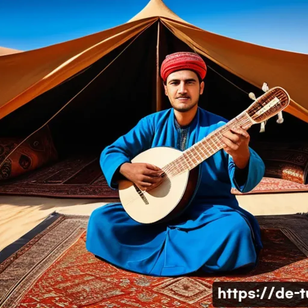 투르크메니스탄 전통 음악 - A traditional Turkmen musician playing the Dutar, a two-stringed wooden lute, seated in an ornate te...