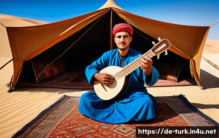 투르크메니스탄 전통 음악 - A traditional Turkmen musician playing the Dutar, a two-stringed wooden lute, seated in an ornate te...