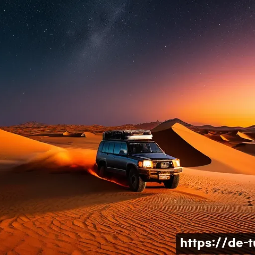 투르크메니스탄 여행 블로그 작성법 - A scenic desert night scene featuring the "Burning Crater" of Derweze in the Karakum Desert, with in...