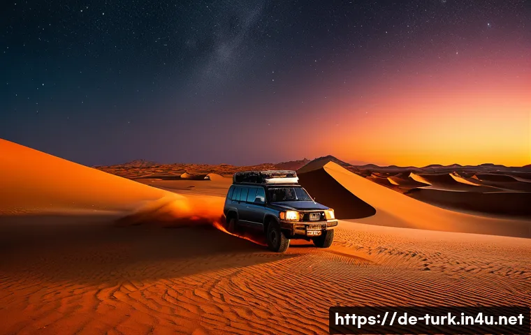 투르크메니스탄 여행 블로그 작성법 - A scenic desert night scene featuring the "Burning Crater" of Derweze in the Karakum Desert, with in...