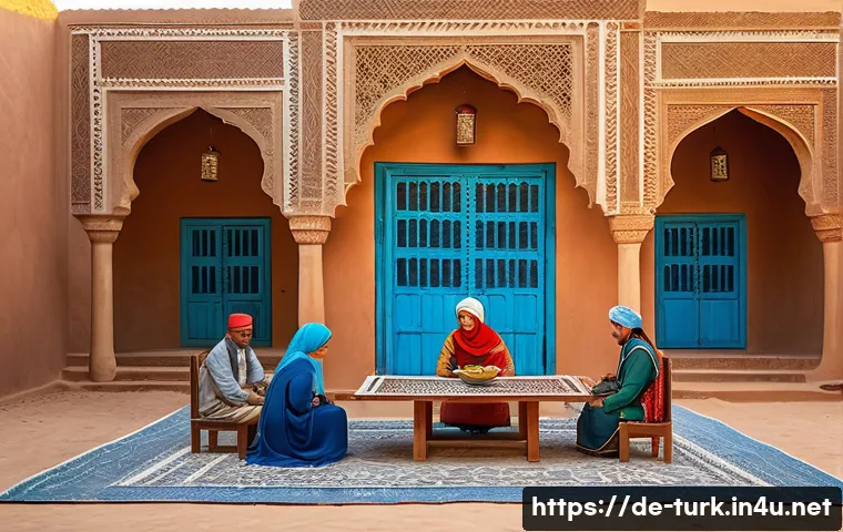 투르크메니스탄 전통 건축물 - A traditional Turkmen courtyard scene during a sunny day, featuring expansive open space surrounded ...