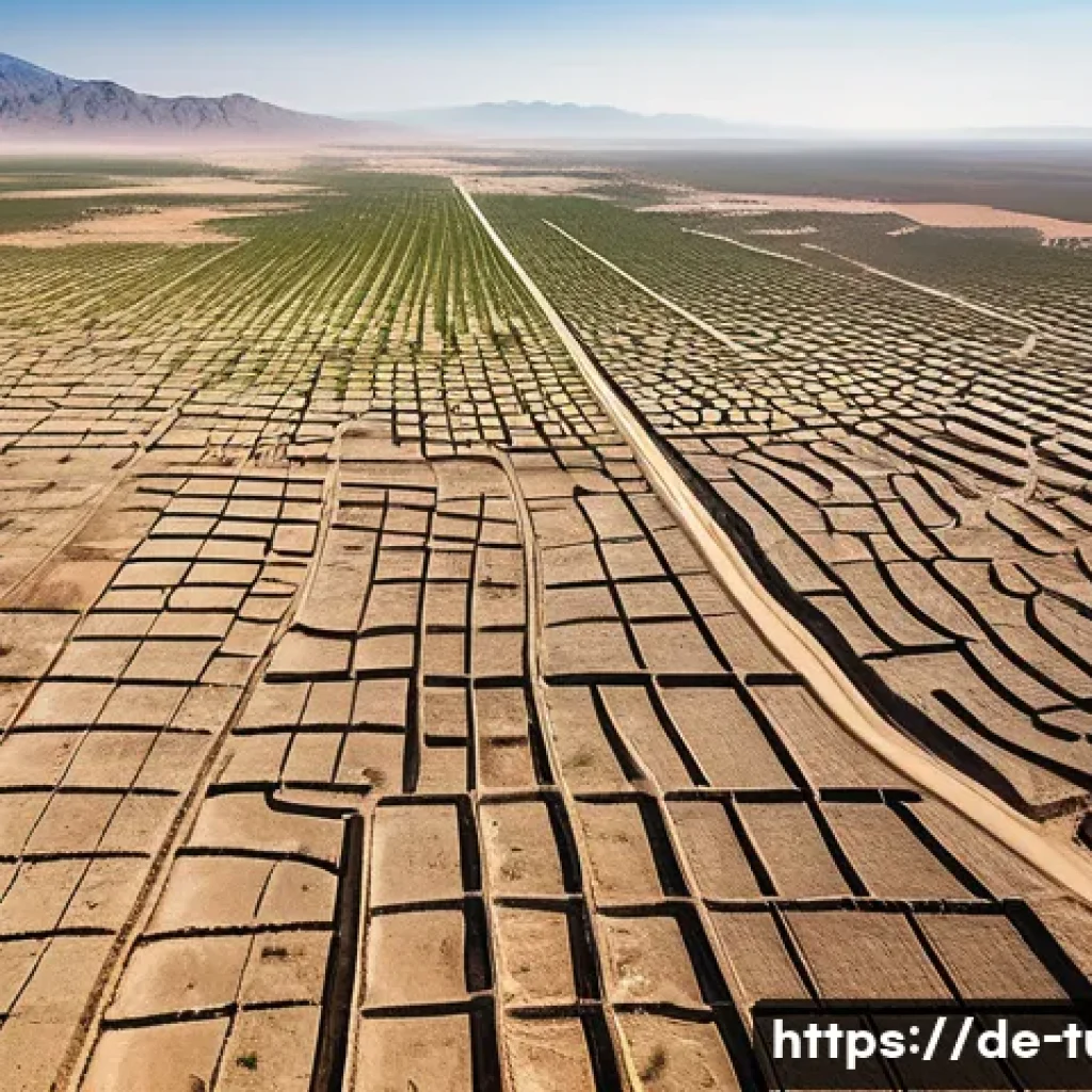 투르크메니스탄에서의 환경 문제 - A detailed aerial view of an arid agricultural landscape in Turkmenistan during summer, showing crac...