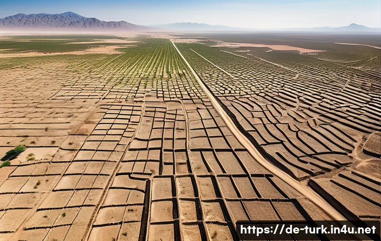 투르크메니스탄에서의 환경 문제 - A detailed aerial view of an arid agricultural landscape in Turkmenistan during summer, showing crac...