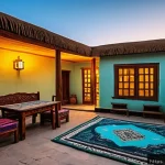 투르크메니스탄 여행 예산 - A cozy local guesthouse in Turkmenistan during sunset, featuring a traditional mud-brick facade with...