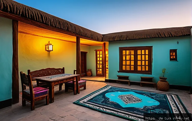 투르크메니스탄 여행 예산 - A cozy local guesthouse in Turkmenistan during sunset, featuring a traditional mud-brick facade with...