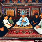 투르크메니스탄의 문학과 예술 - A traditional Turkmen storyteller seated in an ornate room, surrounded by attentive elders and child...