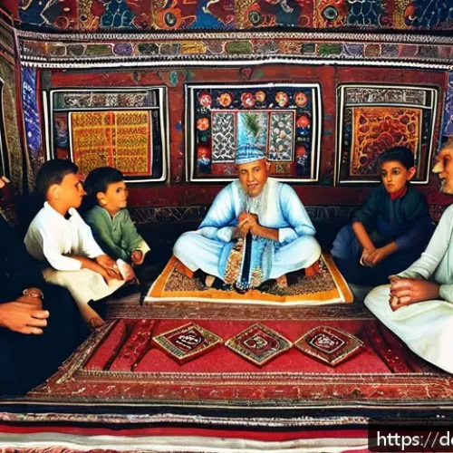 투르크메니스탄의 문학과 예술 - A traditional Turkmen storyteller seated in an ornate room, surrounded by attentive elders and child...