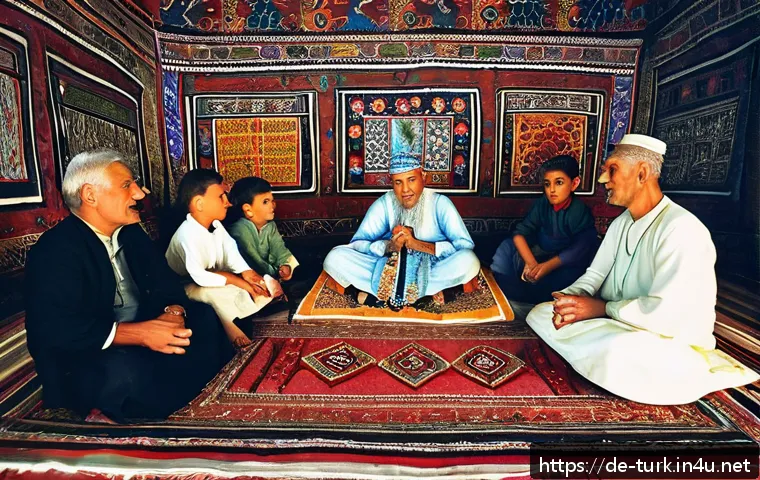 투르크메니스탄의 문학과 예술 - A traditional Turkmen storyteller seated in an ornate room, surrounded by attentive elders and child...