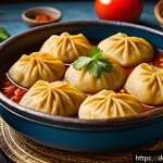 투르크메니스탄의 대표 음식 레시피 - A rustic Turkmen kitchen scene featuring a wooden table with freshly handmade Manty dumplings: large...