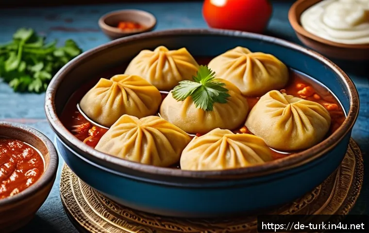 투르크메니스탄의 대표 음식 레시피 - A rustic Turkmen kitchen scene featuring a wooden table with freshly handmade Manty dumplings: large...