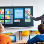 투르크메니스탄의 교육 혁신 - A modern classroom in a German school featuring a large interactive smartboard displaying colorful e...