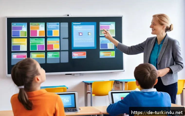 투르크메니스탄의 교육 혁신 - A modern classroom in a German school featuring a large interactive smartboard displaying colorful e...