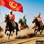 투르크메니스탄의 스포츠 - A dynamic scene of traditional Akhal-Teke horse racing in Turkmenistan during a national festival: s...