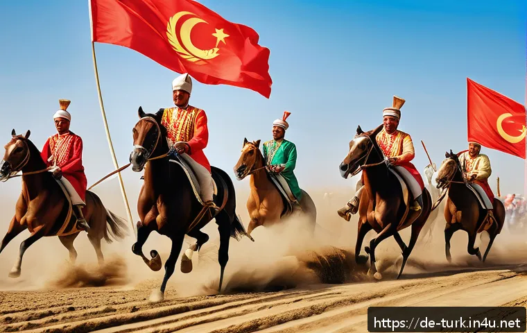 투르크메니스탄의 스포츠 - A dynamic scene of traditional Akhal-Teke horse racing in Turkmenistan during a national festival: s...