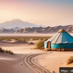 투르크메니스탄의 명소와 탐방로 - A vast Karakum Desert landscape at sunrise, featuring endless golden sand dunes glowing warmly under...
