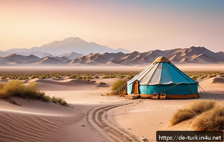 투르크메니스탄의 명소와 탐방로 - A vast Karakum Desert landscape at sunrise, featuring endless golden sand dunes glowing warmly under...