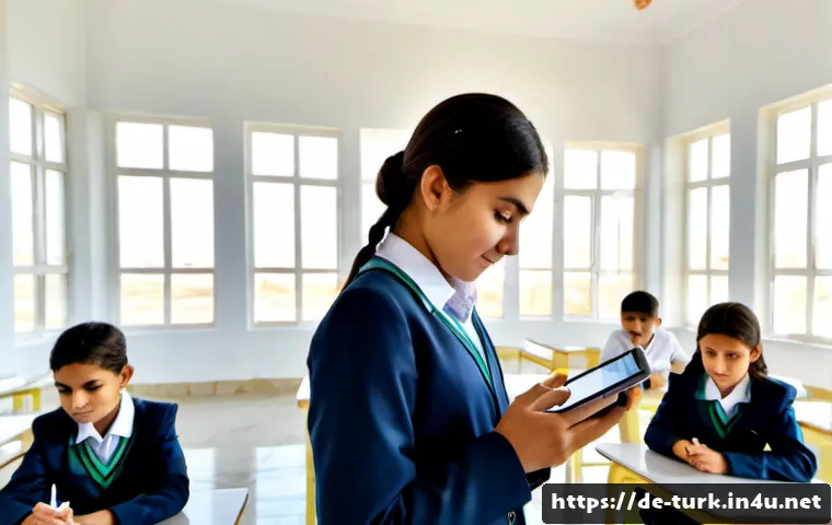 투르크메니스탄의 교육 제도 변화 - Photorealistic modern classroom in Ashgabat, Turkmenistan, diverse teenage students in neat school u...