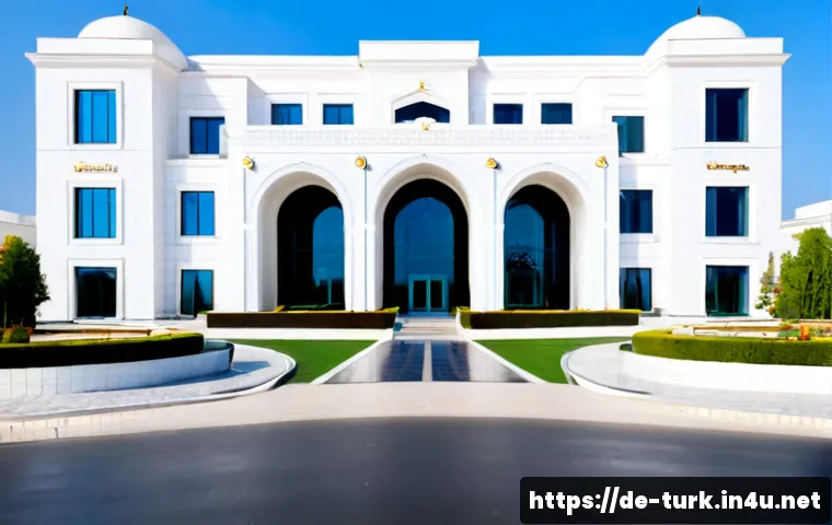 투르크메니스탄 호텔 추천 - Photorealistic luxury hotel exterior in Ashgabat, Turkmenistan, gleaming white marble facade with el...