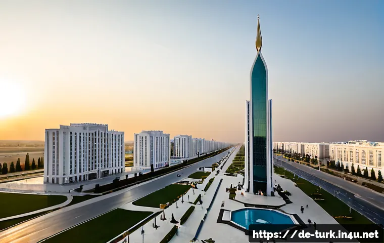 투르크메니스탄의 도시 문화 - Photorealistic wide-angle view of modern Ashgabat, Turkmenistan, featuring immaculate white marble a...