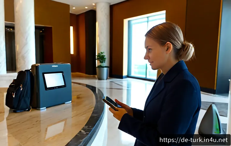 투르크메니스탄 인터넷 사용법 - Photorealistic German traveler in a modern Ashgabat hotel lobby, using a smartphone with a blank scr...