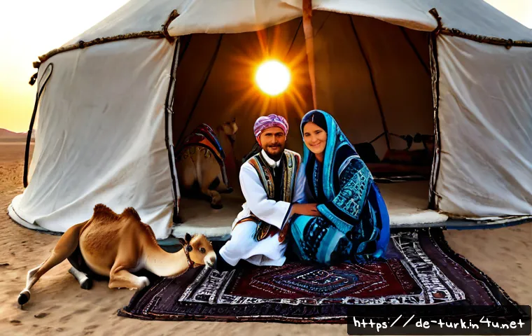 Home 17 투르크메니스탄 유목민 문화 - Photorealistic Turkmen nomadic family gathered outside a traditional white felt yurt on the open Kar...