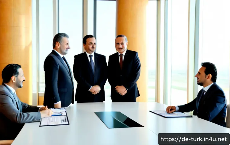 투르크메니스탄과 국제 협력 - Photorealistic diplomatic meeting in a bright modern conference room in Ashgabat, a diverse group of...